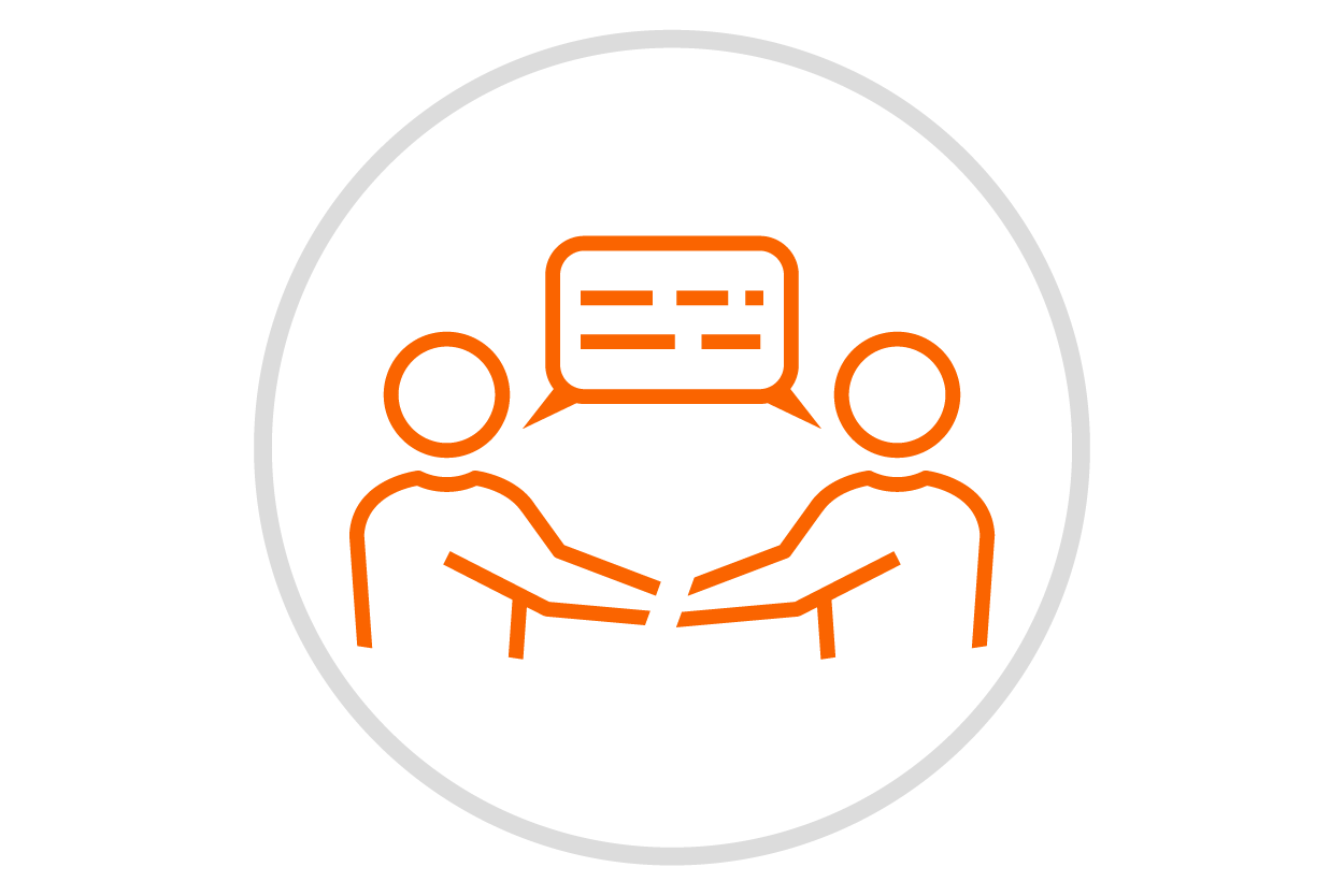 Icon of two people shaking hands with a text box above them.
